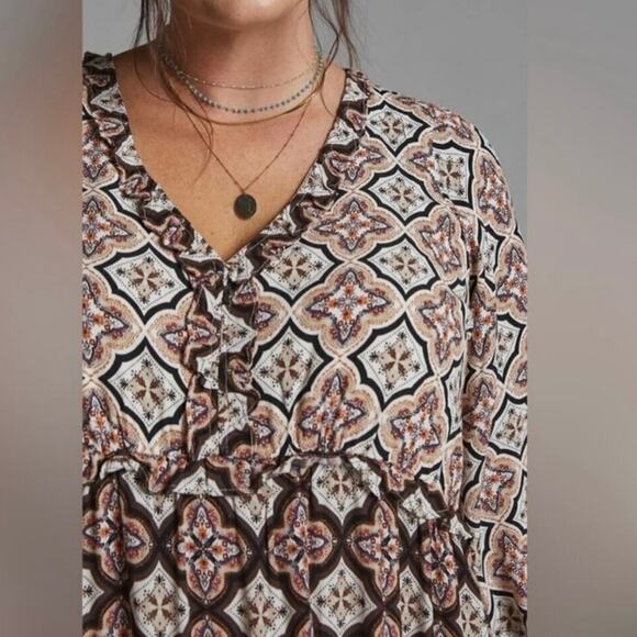 Anthropologie Tiered V-Neck Long Sleeve Floral Printed Boho Peasant Dress Medium - Picture 4 of 12